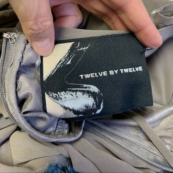 Twelve by Twelve Gray Sleeveless Fit Flare Dress Feathers on Skirt Size M - Picture 9 of 11